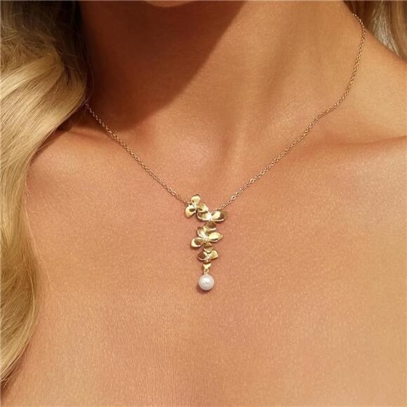 18K Gold Plated Flower Pendant Necklace | CZ Orchid Design with Shell Pearl - Picture 2 of 5